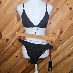 NWT All Things Golden Med Swim‎ Bikini Brazilian Bottom Triangle Top Black Mesh